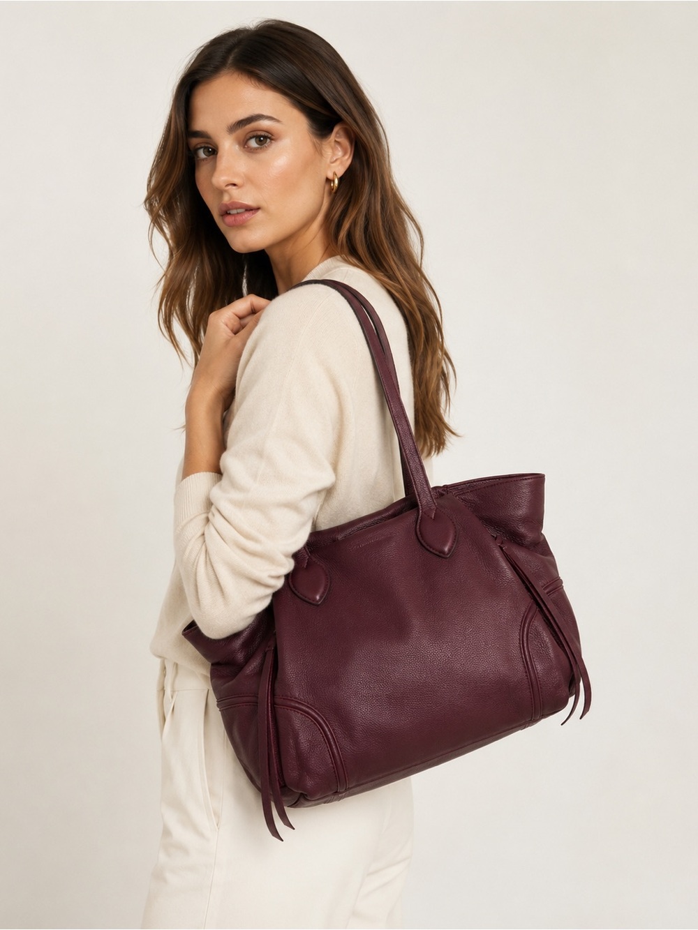 Aimee Kestenberg Burgundy Genuine Leather Large Shoulder Tote Bag